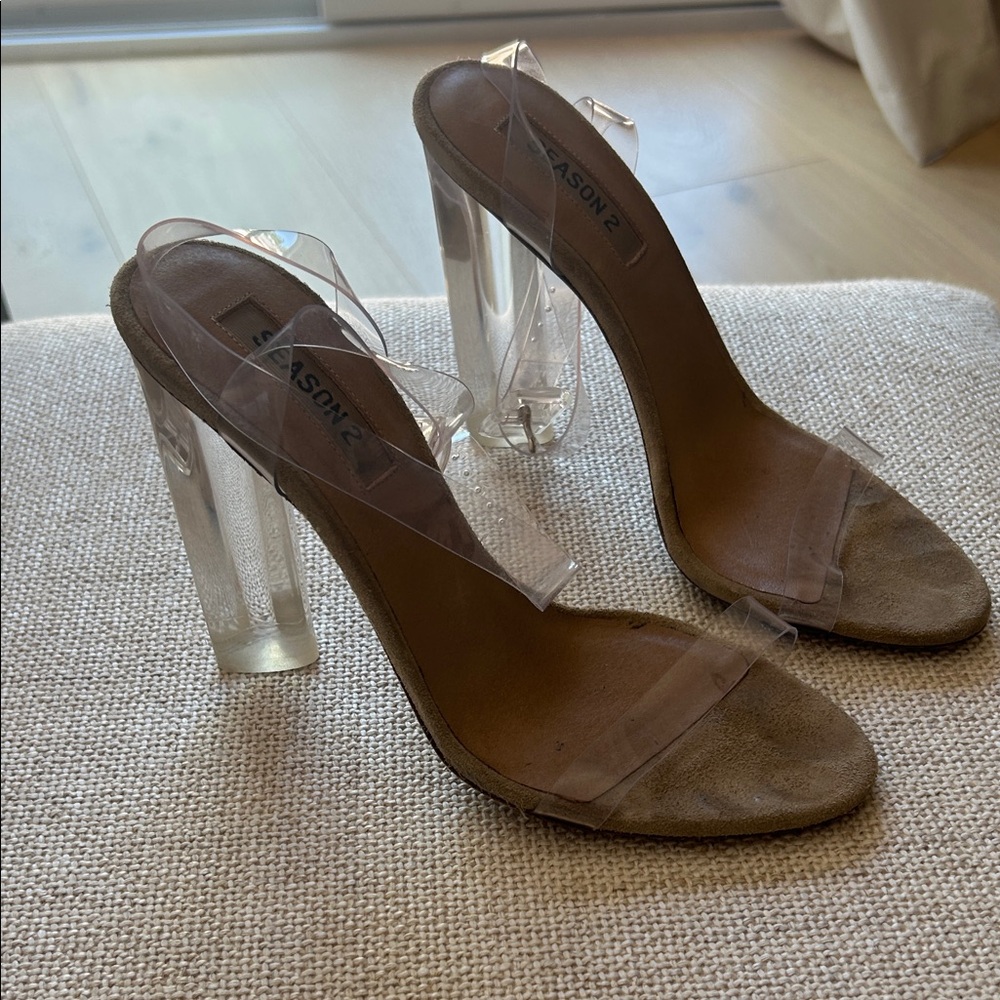 Yeezy Clear Strap Lucite Block Heel Sandals in Taupe